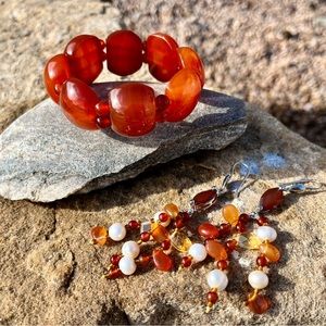 Carnelian bracelet and earring set freshwater pearls citrine marquis cut by GemX